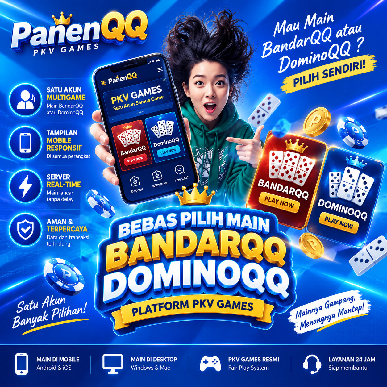 PanenQQ memberi kebebasan pilih main BandarQQ atau DominoQQ di platform PKV Games dengan satu akun multigame, lobby simpel, akses mobile responsif, server real-time, dan navigasi yang gampang dipahami. - Image 1